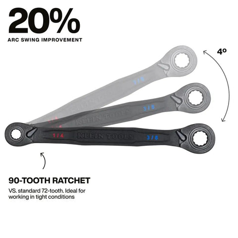 4 In 1 Reversible Ratchet Wrench With Box Wrench, SAE Sizes 1/4, 5/16, 3/8, 7/16 Inch, 90 Tooth Ratchet shown with arc swing improvement