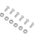 Six silver machine screws with hex nuts arranged in a diagonal row.