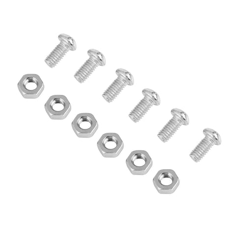 Six silver machine screws with hex nuts arranged in a diagonal row.