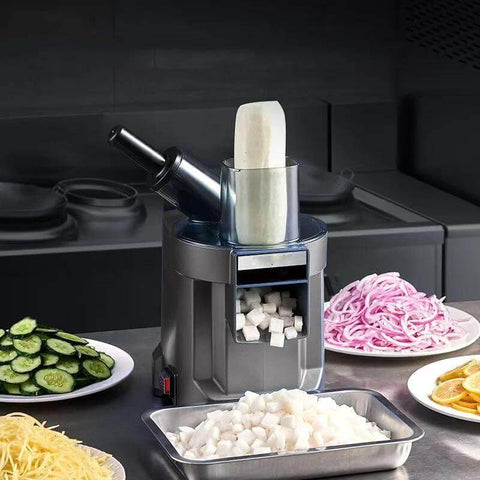 Front view of Amazon 4-in-1 electric vegetable slicer and chopper, gray body with dual feed chute and cube tray.