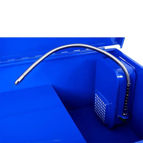 Knockout Clean Power Hella Tough 40 Gallon Parts Washer With 24 Gallon Solvent Capacity And 5.3 Gpm Flow Pump Heavy Duty Steel Build Auto Closing Lid interior showing flexible metal hose.
