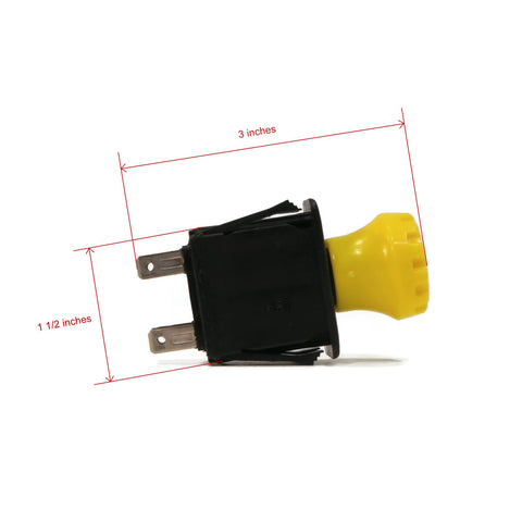 Side view of Yellow 12V DC Push Button Rotary Actuator Switch With 2 Position Normally Open 2 Way Flush Mount, showing 3x1.5 inches dimensions.