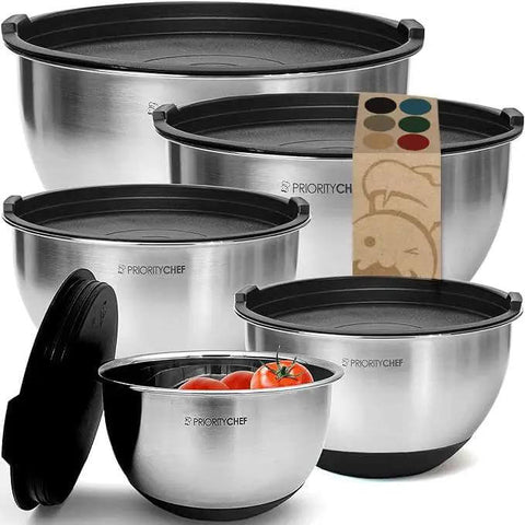 Stainless Steel Mixing Bowls With Lids Set Featuring Airtight Lids And Non Slip Base, Five Nesting Bowls In 1.5 Qt to 5 Qt