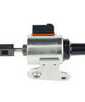 CVT valve body stepper motor with mounting bracket; metal housing and black connectors, side view