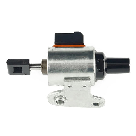 CVT valve body stepper motor with mounting bracket; metal housing and black connectors, side view