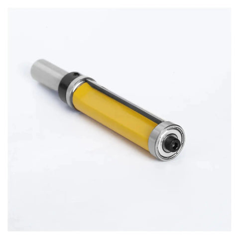 Top And Bottom Bearing Flush Trim Router Bit Set For Smoother Edges And Perfect Cuts With 1/2In Or 12mm Shank Options To Handle Any Woodwork Project Like A Pro Now, close-up of a router bit with yellow casing.