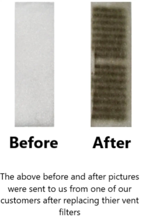 Before and after image of Floor Vent Filters 48 Pack 4 By 10 Inch Polyester Filter For Home Ducts With 90 Day Filtration results.