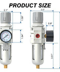 Three Eighths Inch NPT Air Filter Regulator Combo Piggyback With Five Micron Brass Element Semi Auto Drain 0 To 145 Psi Gauge AW3000 03 shown with dimensions