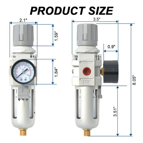 Three Eighths Inch NPT Air Filter Regulator Combo Piggyback With Five Micron Brass Element Semi Auto Drain 0 To 145 Psi Gauge AW3000 03 shown with dimensions