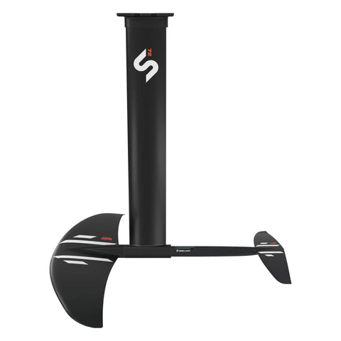 Side view of One-Lock Wake Foil Quick Start Package with Ease 1250 front wing, Verse 270 tail, 72cm aluminum mast in black.
