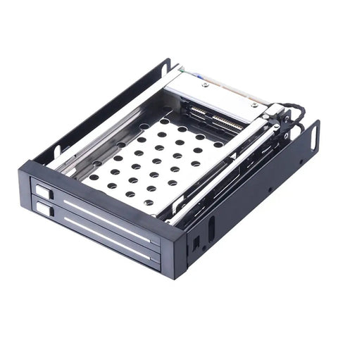 Dual Bay 2.5 Inch Hdd And Ssd Tray Caddy Internal Mobile Rack Hot Swap Docking Station showing black metal design and locking latch.