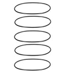 Five round rubber motor belts, 5mm diameter, 573mm circumference, for industrial machinery and equipment, displayed vertically.