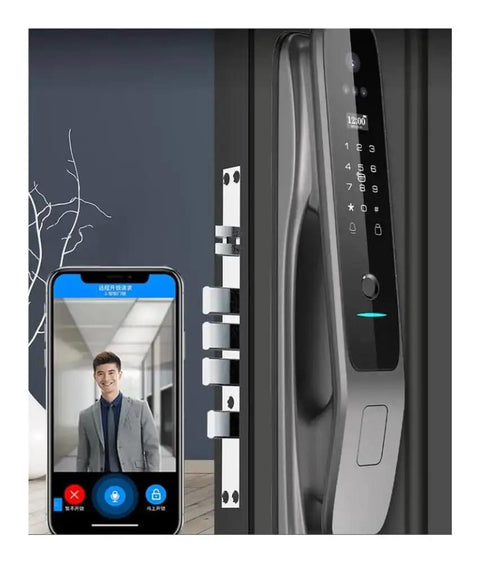Solid Game Changer Smart Lock Featuring Slick 3D Face And Fingerprint Unlocking Through Built In WiFi For Automatic Door Deadbolts displayed with a smartphone.