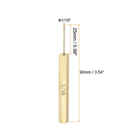Rock Solid Brass Pin Punch 1 16 Inch Non Marring Drive Alignment Tool For Precision Watch Repair Automotive Engine And Jewelry Craft Work That Gets The Job Done Right Every Single Time showing dimensions 1/16 inch diameter and 90mm length.