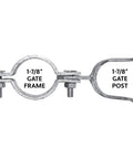 Heavy Duty Galvanized Chain Link Fork Latch With Padlock Hole For 1-7/8 Inch Gate Frame And 4 Inch Fence Post  showing the latch design and fittings.