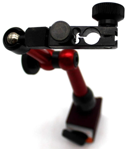Close-up view of KHCRAFT mini magnetic base indicator holder, black metal with adjustment knob