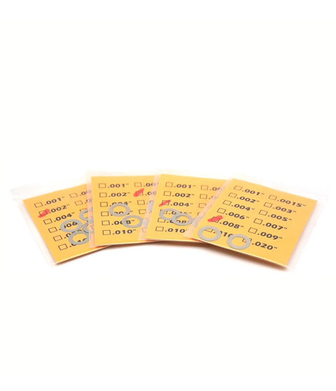 One Quarter Inch Pivot Pin And Take Down Pin Shim Kit, 14 Pack, Four Thicknesses in Clear Packaging with Shims Displayed
