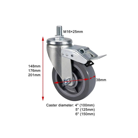 Beefy Heavy Duty PU Caster Wheel with Brake and M16x25mm Threaded Stem for Workbenches and Carts