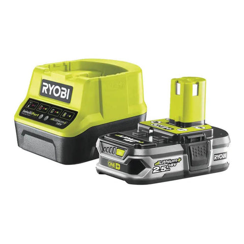 Top Notch 18 Volt Power Tool Combo Kit Featuring A Killer Impact Drill Driver And Smooth Cordless Jigsaw With Two Heavy Duty Battery Packs Fast Charger Plus Six Tough Saw Blades In A Rock Solid Carry Case - Ryobi 18V charger and 2.5Ah battery.