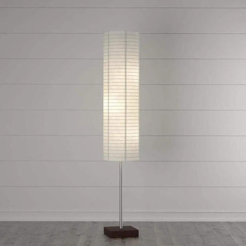 Gyoza Floorchiere Floor Lamp Tall 67 Inch Standing Light in Walnut Rubber Wood and Brushed Steel Finish with White Rice Paper Shade
