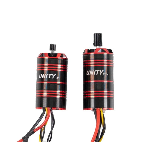 Unity24 Pro 3500Kv 2-In-1 Micro FOC Brushless System For Axial SCX24 RC Car, featuring two compact motors with wiring visible.