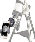 Universal Smartphone Telescope Adapter Mount For Quick Plug And Play Phone To Scope Setup attached to telescope with smartphone displaying moon, fits iPhone Samsung LG HTC.