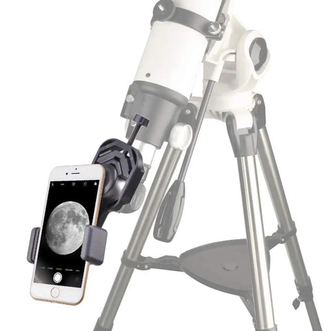 Universal Smartphone Telescope Adapter Mount For Quick Plug And Play Phone To Scope Setup attached to telescope with smartphone displaying moon, fits iPhone Samsung LG HTC.