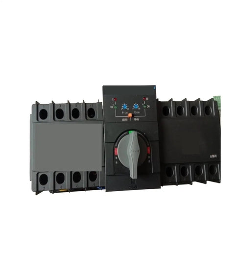 Automatic Transfer Switch For Home Power Backup And Industrial Use, 16 Amp Dual Power Source, 4 Pole 4P Design, Easy Install, Rock Solid Operation, Durable Auto Transfer Switch For Reliable Power Swaps. Black 4P transfer switch with manual lever