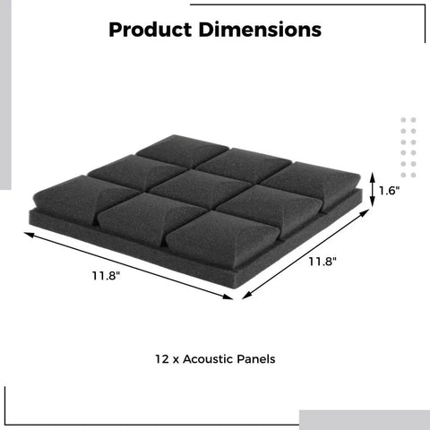 High Density Acoustic Foam Wall Panels Twelve Pack Heavy Hitter Noise Dampening Studio Tiles For Home Living Room Recording Echo Reducer Straight Edge Polyurethane Soundproofing Real Deal 11.8 inch acoustic panels shown