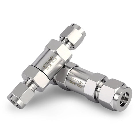 Two 3/8-inch OD 304 stainless steel compression check valves for backflow prevention.