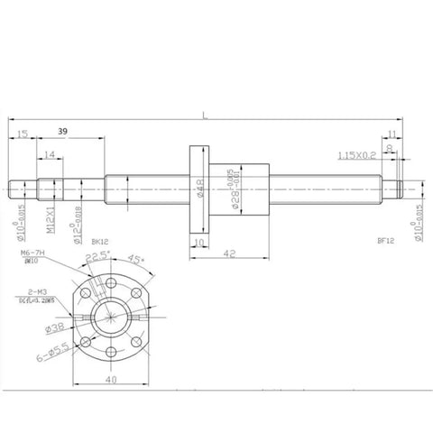 Technical diagram of SFU1605 Ball Screw With End Machined Flange Single Ballnut BK BF12 Support For CNC Linear Motion