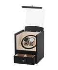 Premium Dual Automatic Watch Winder Box With Silent Belt Drive Motor For Mechanical Timepieces displaying two watches in a luxury case.