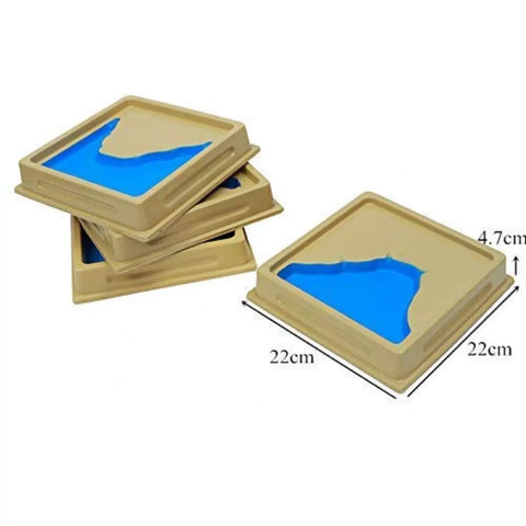 Stack of wooden trays from Water And Land Form Tray Set For Kids Learning Toy Terrain Cognition Montessori Geography Aids with blue water shapes.