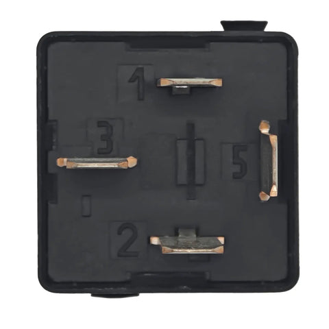 Bottom view of Beefy Heavy Duty 40A 12V DC 4 Pin SPST Auto Relay Pack Of 2 For VW Tiguan Q5 A4 Atlas OEM Direct Replacement Fits Bosch 0332019150 And Denso 25610 3L000 Codes P0230 P069E Plug And Play showing pins and labels.