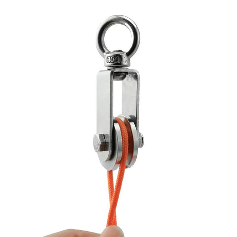 2 Pack U Type Swivel Pulleys 304 Stainless Steel With Duplex Bearings Detachable 360 Degree Rotation Heavy Duty Traction Wheel For Rope Rigging And Towing, shown with orange rope