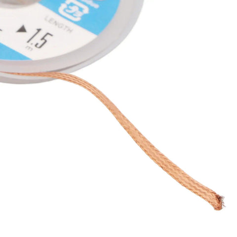 Desoldering Wick Braid With Flux for PCBs, Red Copper Material, 1.5 Meter Length, shown with packaging label and braid detail