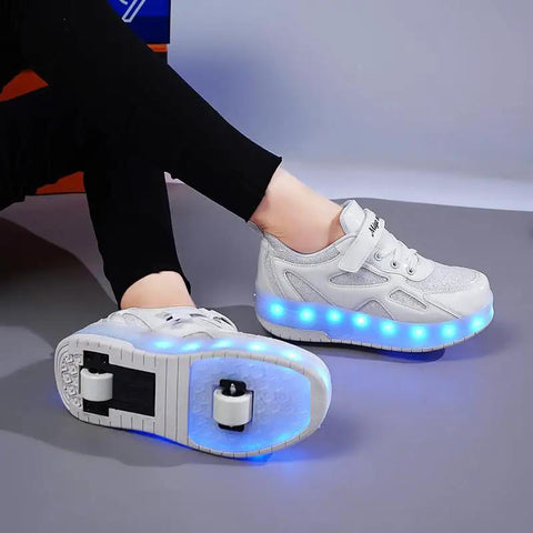 Upgrade Your Rides With Fresh Replacement Wheels For 2 In 1 Roller Skates Featuring Sick ABEC 5 Bearings This Complete Repair Kit Comes With Cover Plates And Tool Perfect For Kids Who Want A Smooth Roll Indoors Or Outside. White LED light-up shoes with rubber soles on feet, featuring a sleek design.