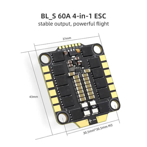 60A Four In One ESC For FPV Drones 2 To 6S With DShot Digital Protocols Immersion Gold Pads Plug And Play Direct Flight Controller Connection High Current Stable Output No Soldering Required shown with dimensions