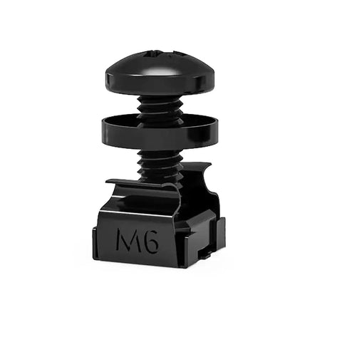 Straight Up Heavy Duty M6 Screws And Cage Nuts 60 Pack For Server Rack Shelves Cabinet Mount Hardware with a black cage nut and screw.