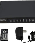 4 Channel CCTV Video Color Quad Multiplexer with Loopout Remote Control and free 1 Amp Power Adapter on white background