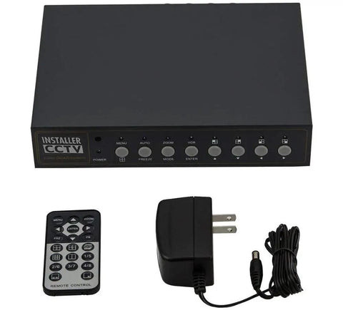 4 Channel CCTV Video Color Quad Multiplexer with Loopout Remote Control and free 1 Amp Power Adapter on white background