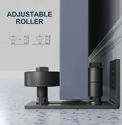 Close-up of Two Pack Barn Door Floor Guide System with Wall Mount, adjustable stay roller, flush flat bottom design, black finish.