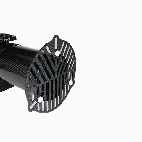 Black cylindrical object with grid cover and screws