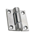 Front-angle view of a stainless steel cabinet door hinge with adjustable torque for an electrical cabinet