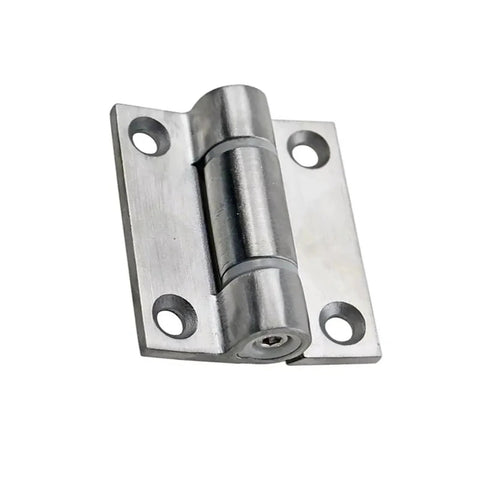Front-angle view of a stainless steel cabinet door hinge with adjustable torque for an electrical cabinet