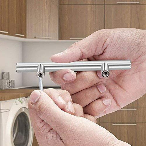 Hand holding Stainless Steel Hollow Tube T Bar Cabinet Handle Pack Of 30 Brushed Nickel Finish 150mm Overall Length