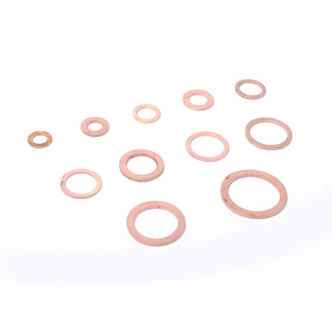 Ultimate 280-Piece Solid Copper Sump Plug Washer Set Kit With Complete Metric Pack Oil Drain Seals For Auto And Marine Engines To Stop Drip Leaks Like A Boss During Quick Maintenance And Major Repairs, assorted solid copper washers on white