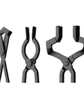 Close-up of tongs from Five Piece Blacksmith Tools Kit With Pro Grade V Bit Tongs V Bit Bolt Scrolls Square Jaw And Blade And Hammer Set