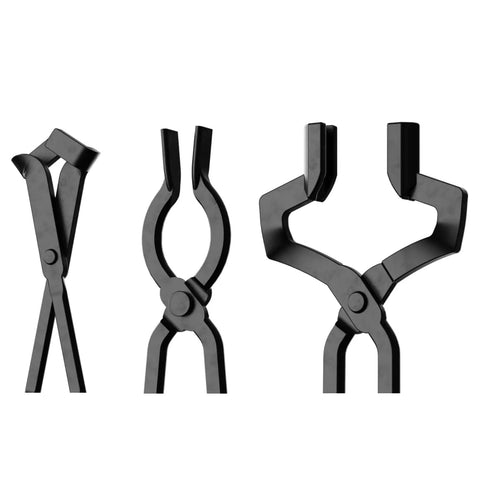 Close-up of tongs from Five Piece Blacksmith Tools Kit With Pro Grade V Bit Tongs V Bit Bolt Scrolls Square Jaw And Blade And Hammer Set