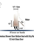 Diagram of shower door bottom seal with drip rail for 1/2 inch glass, ultra clear polycarbonate, water tight seal.